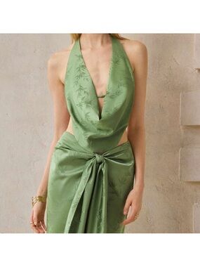NWOT! Micas Green Jacquard Halter & Ruched Skirt Co-ord Set - Size Small